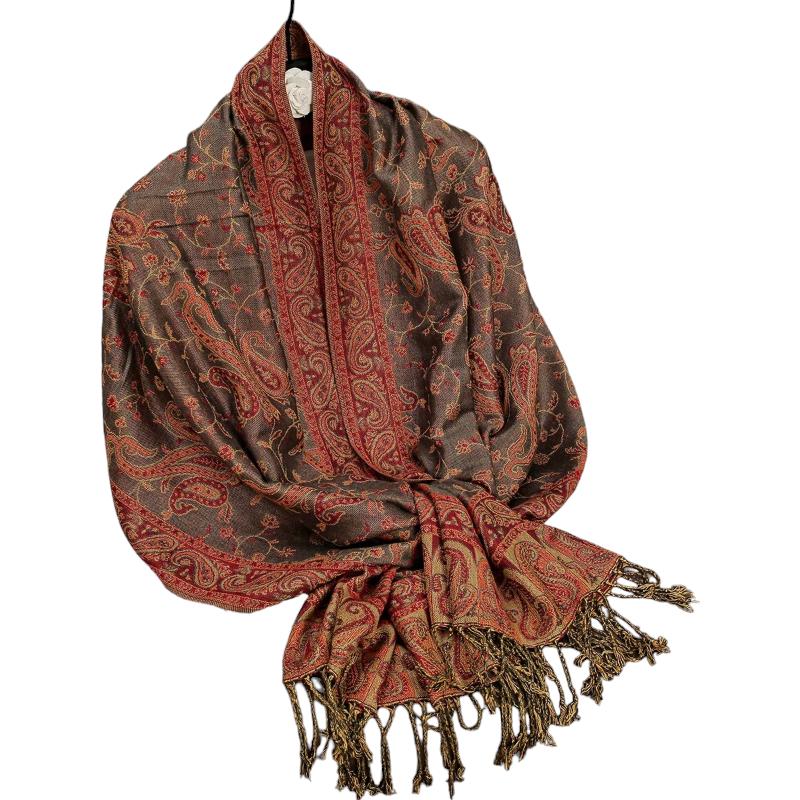 Foulard Motif Ethnique Marron et Rouge 70x190cm