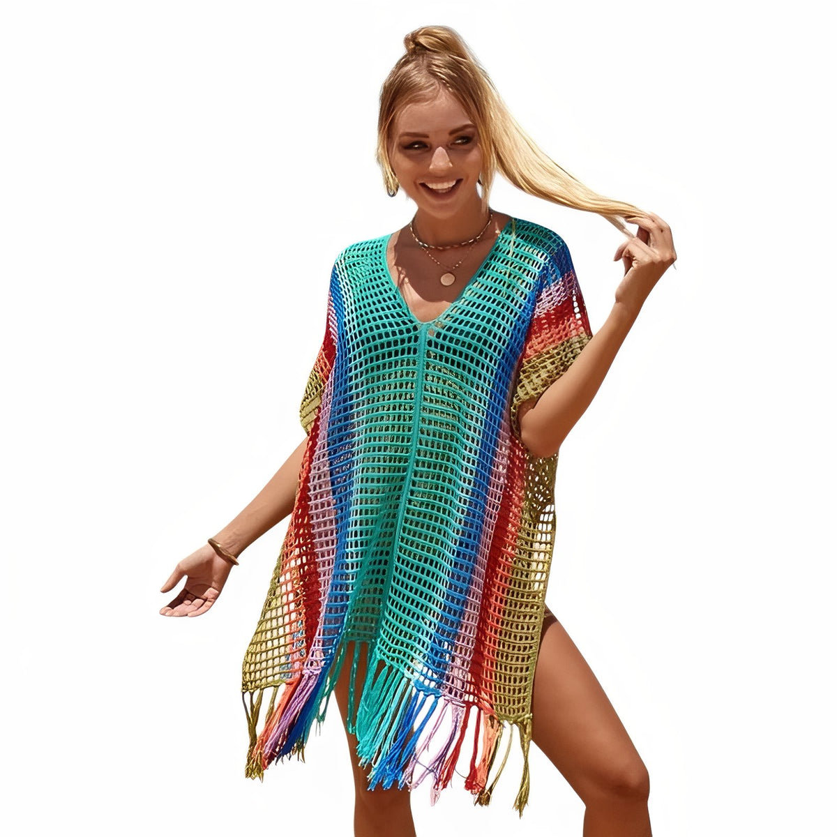 Robe de Plage Courte en Crochet Multicolore - Tie Dye Bleu et Rouge - Unique