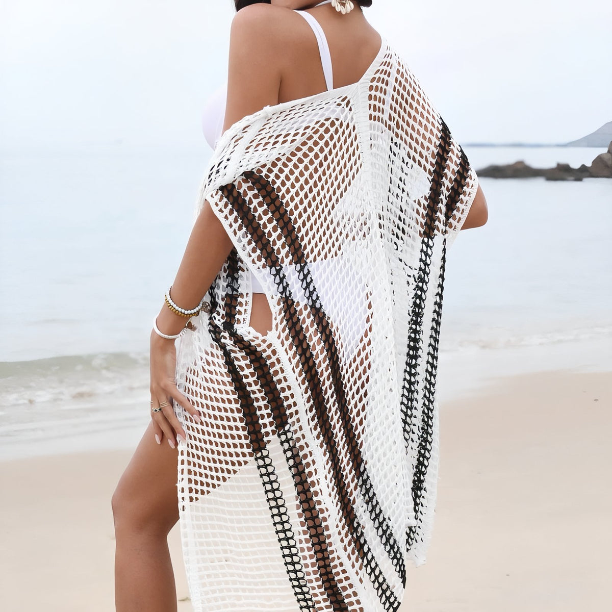 Pareo de Plage Rayée en Crochet portée à la main - Blanc - Noir - Beige
