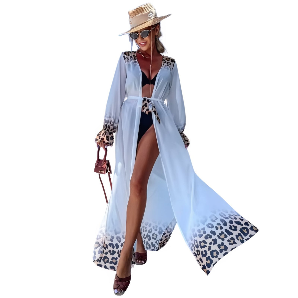 Kimono de Plage Imprimé Leopard - Blanc - Unique