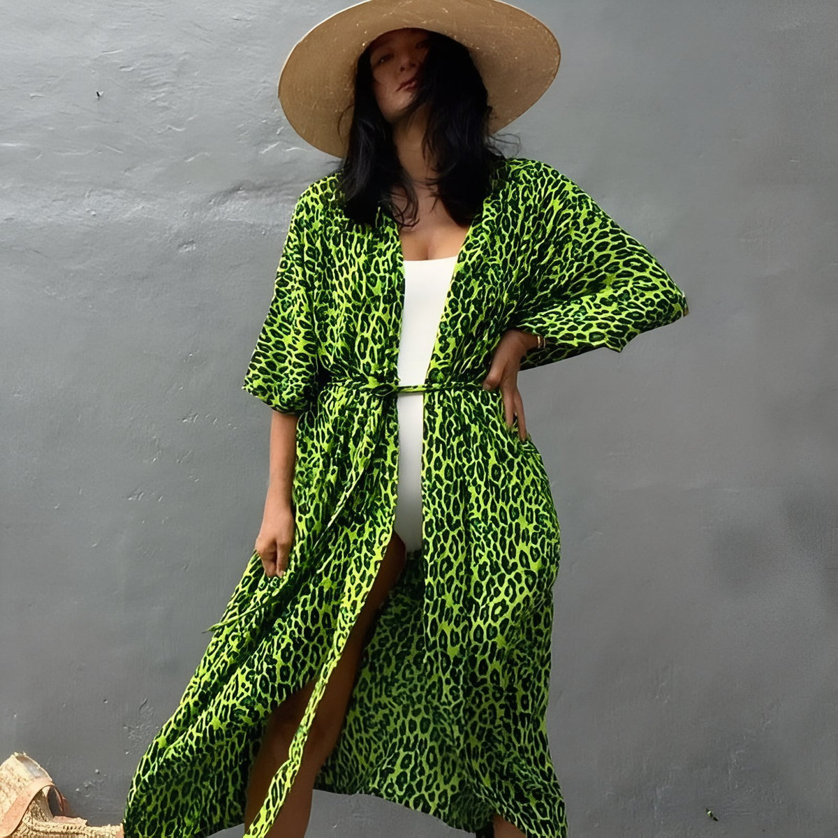 Long Kimono de Plage Imprimé Léopard - Vert - Unique