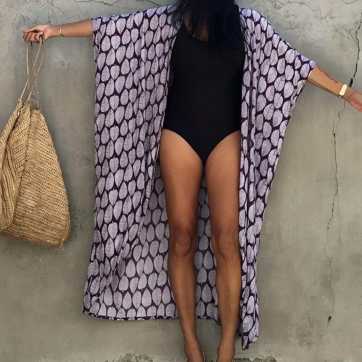 Long Kimono de Plage à Imprimé Graphique - Violet - Unique