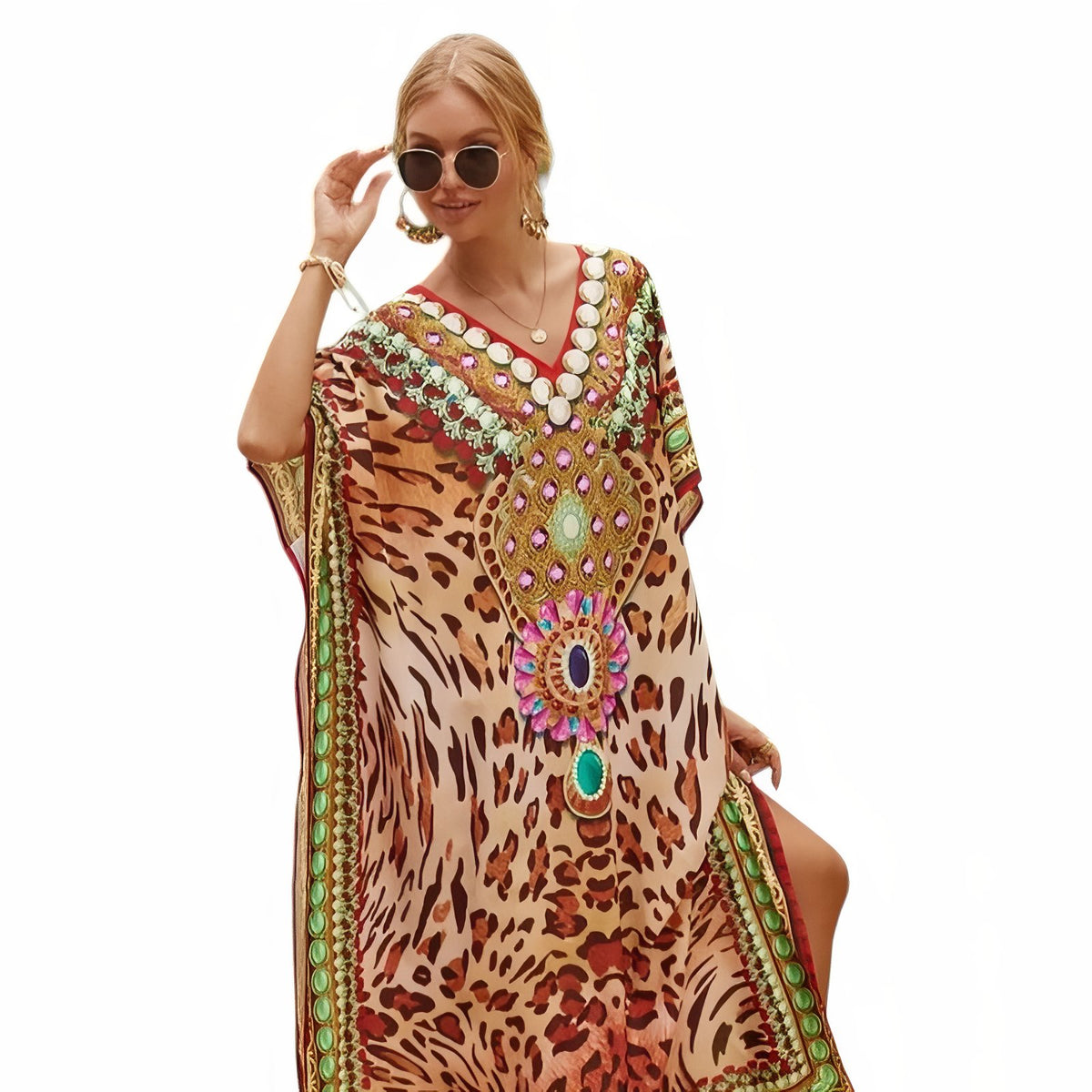 Robe Caftan Africain Imprimé Coloré - Léopard Beige - Unique