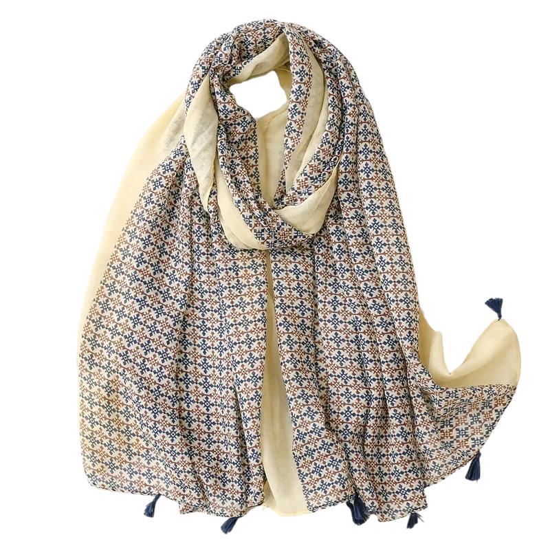 Chèche Echarpe Multicolore Originale Beige et Bleu Marine 180*90cm