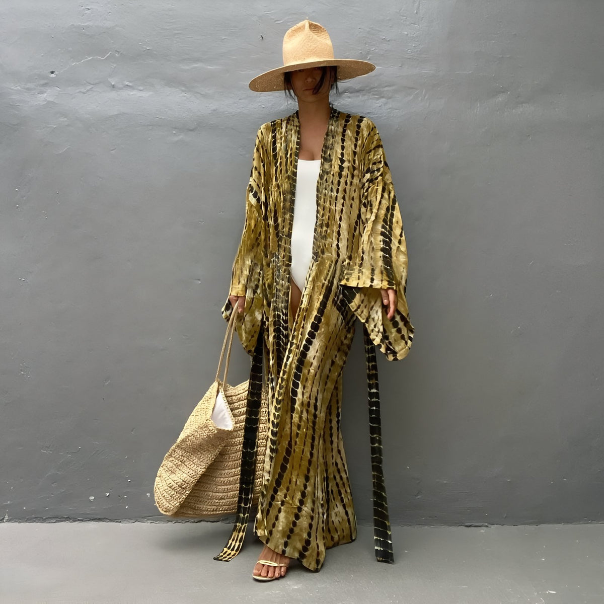 Kimono de Plage Tie and Dye Manches Longues - Vert Olive - Unique