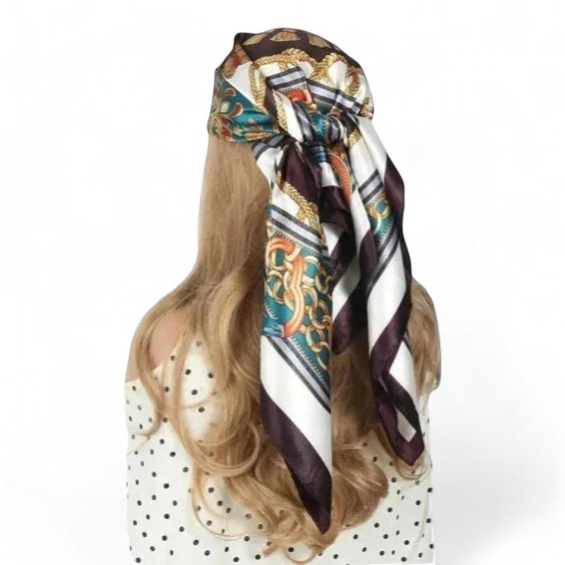 Foulard pour Cheveux Carré Marron et Blanc Cassé 90*90cm