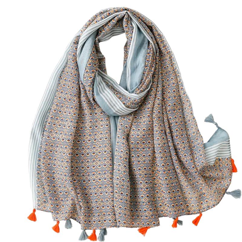 Chèche Echarpe Multicolore Originale Bleu Pâle et Orange 180*90cm