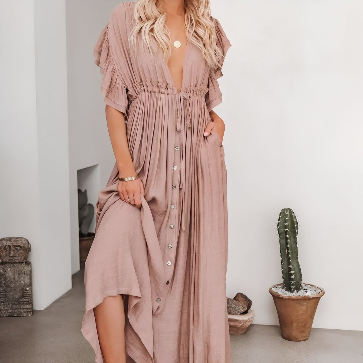 Robe de Plage Style Oversize portée à la main - Bleu - Lavande - Noir - Rouge Brique - Gris - Vert Clair - Vert Foncé - Rose Clair - Blanc - Beige