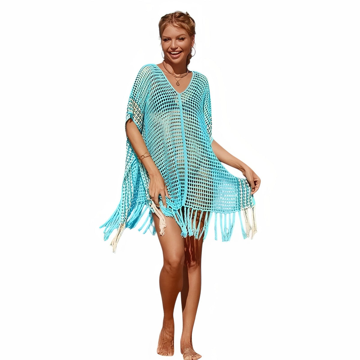 Robe de Plage Courte en Crochet Multicolore - Bleu Ciel - Unique
