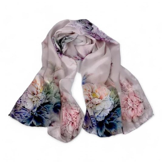 Foulard en Soie Fleuri Rose et Bleu 175*52cm