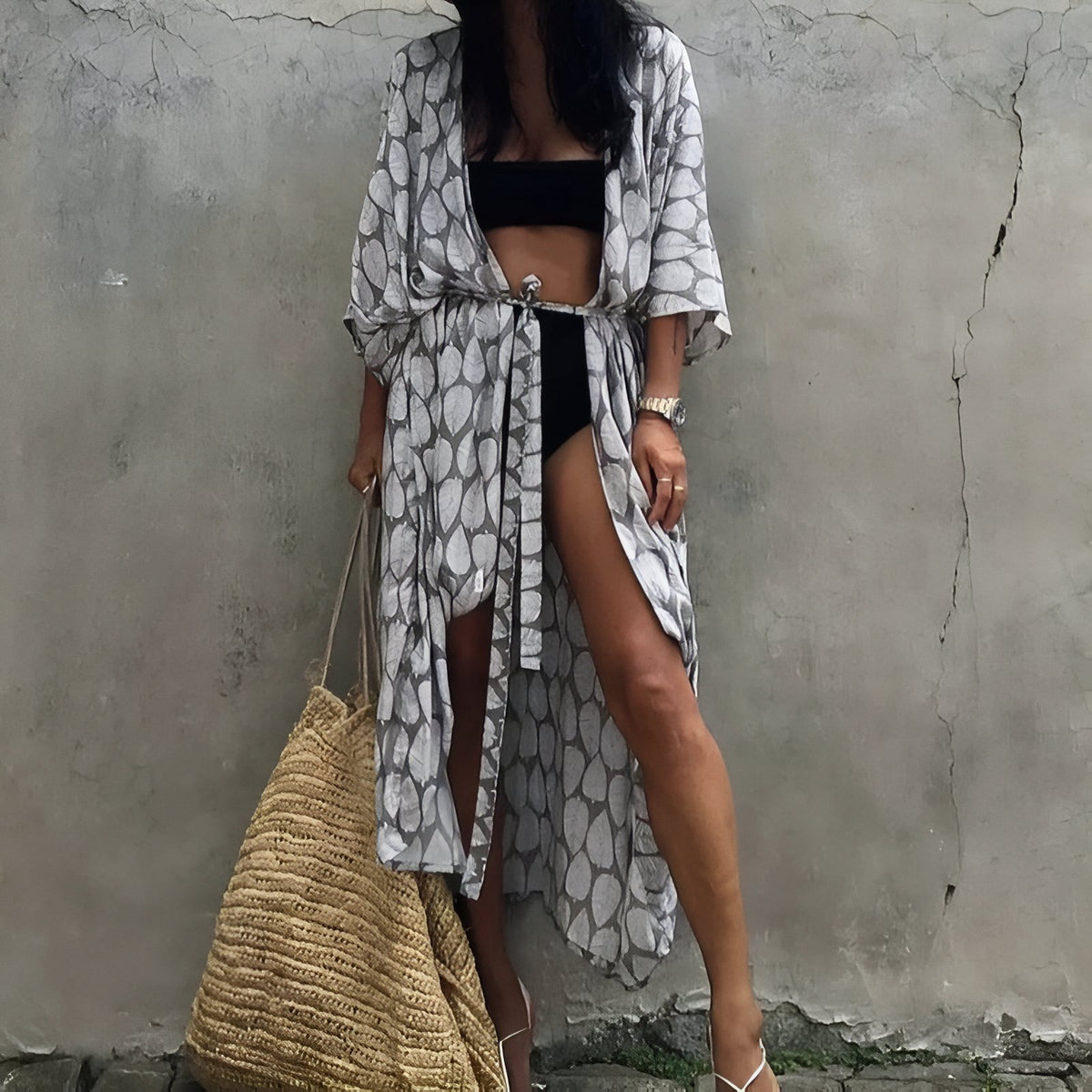 Long Kimono de Plage à Imprimé Graphique - Gris - Unique