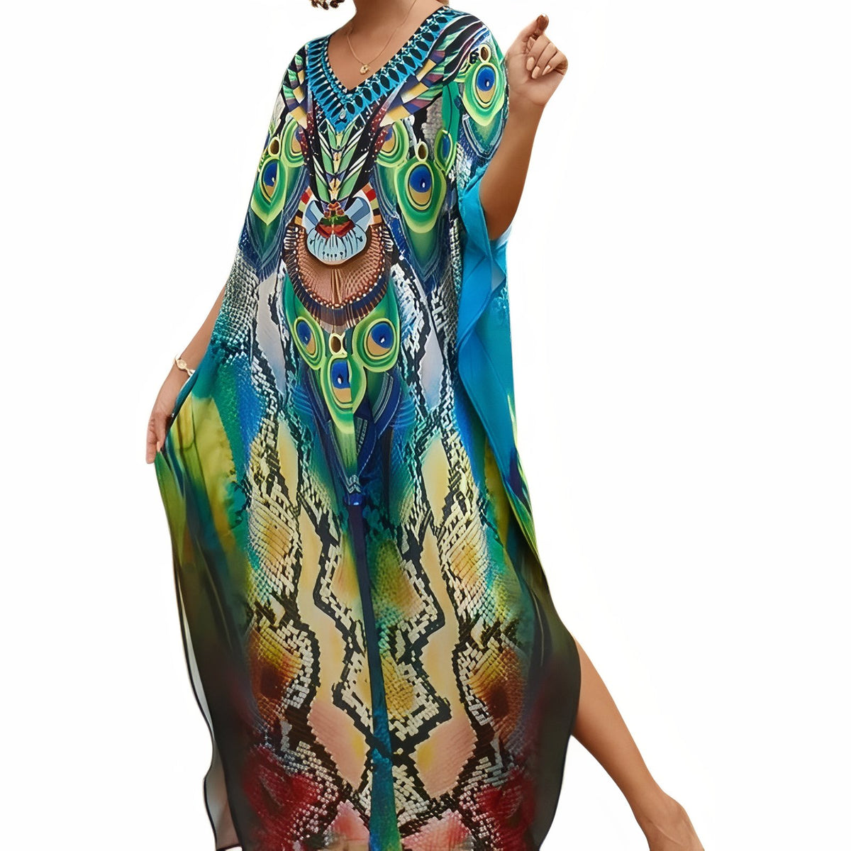 Robe Caftan Africain Imprimé Coloré - Paon Bleu - Unique