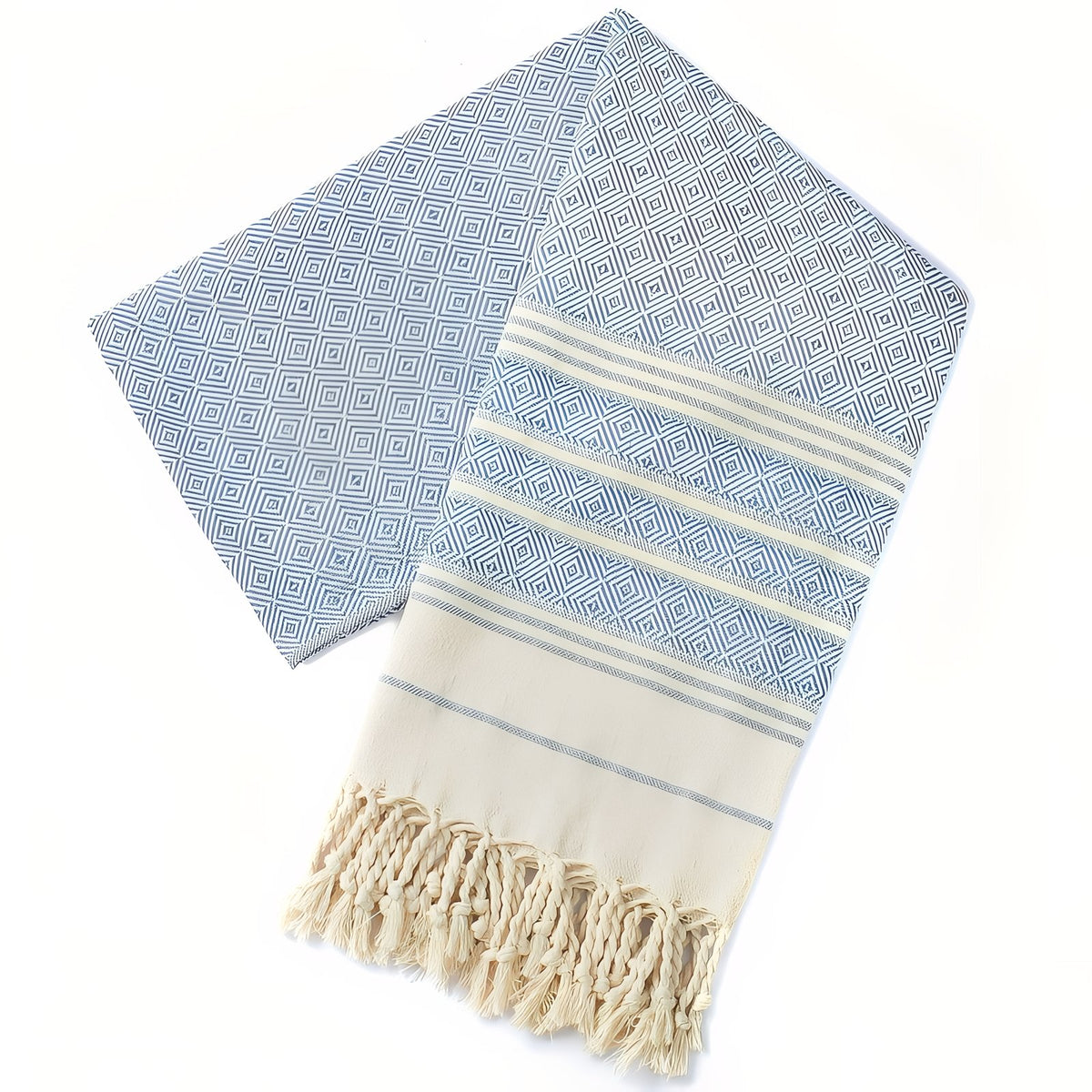 Fouta de Plage en Coton Coloré à Franges - Bleu Marine - 180*100cm