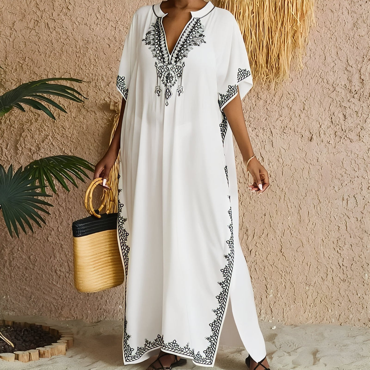 Paréo Caftan pour femme Style Oriental - Blanc et Bleu - Unique
