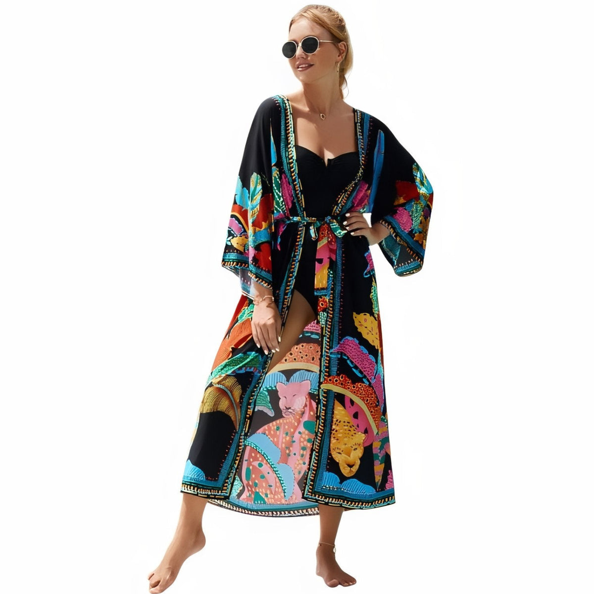 Kimono de Plage Coloré Inspiration Africaine - Noir et Coloré - Unique