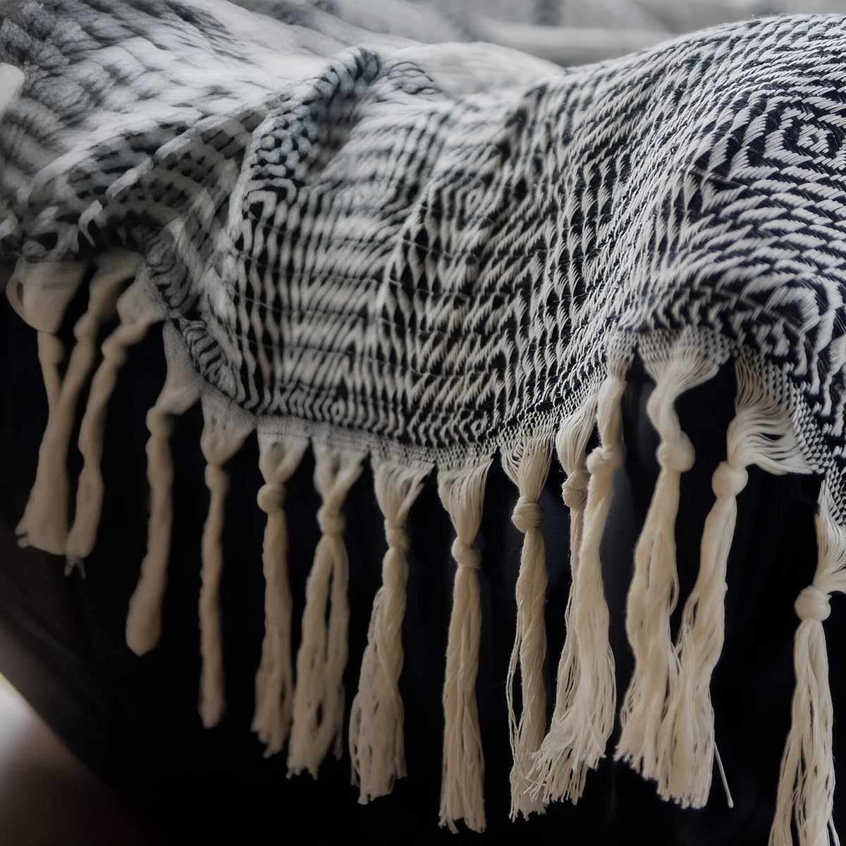 Fouta de Plage Nid d'Abeille gros plan franges - Marron - Gris - Bleu Marine