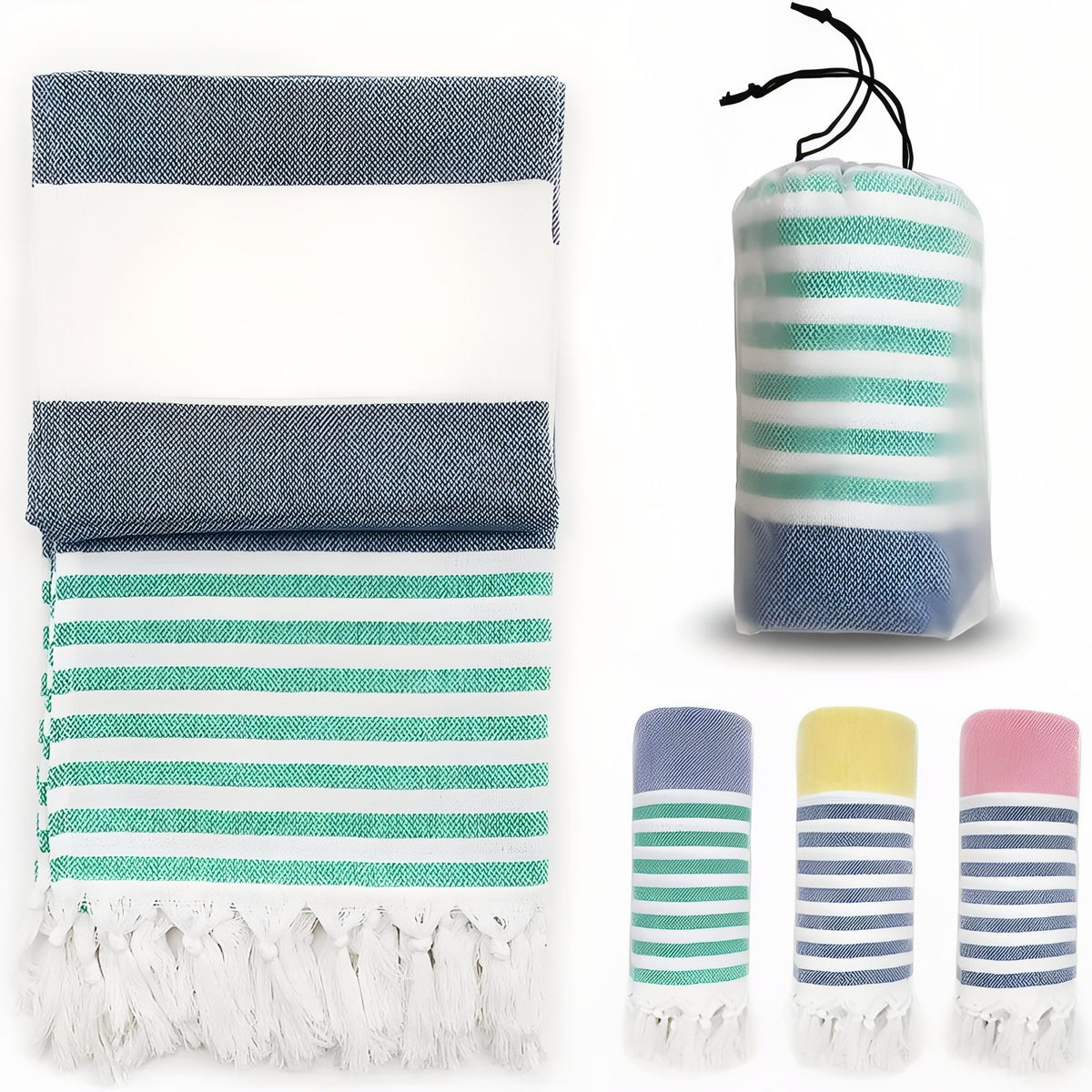 Fouta de Plage Rayé Tricolore à Franges - Bleu - 100*180cm