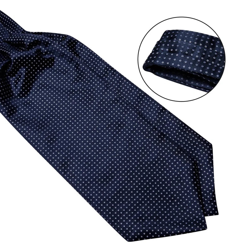 Cravate Ascot bleu marine à pois à plat