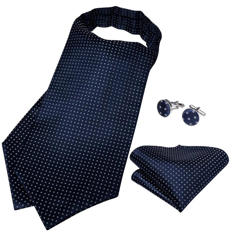 Cravate Ascot bleu marine à pois à plat avec pochette et boutons de manchette