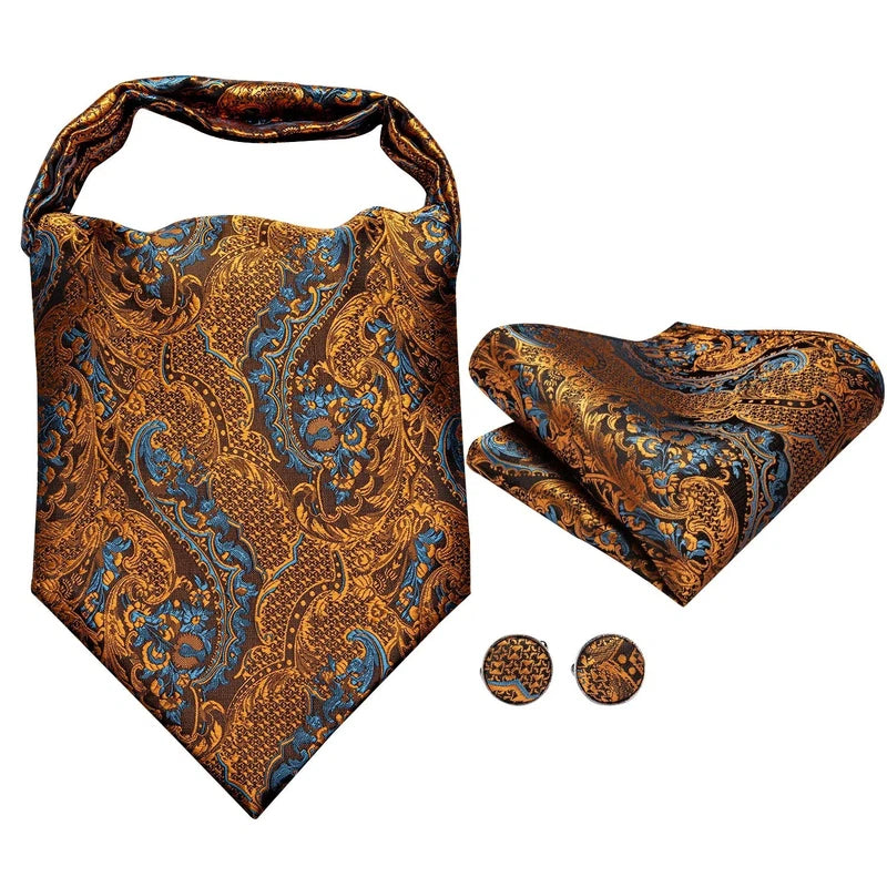 Cravate Ascot Soie Doré et Bleu à plat avec pochette et boutons de manchette