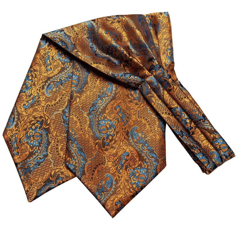 Cravate Ascot Soie Doré et Bleu drapé