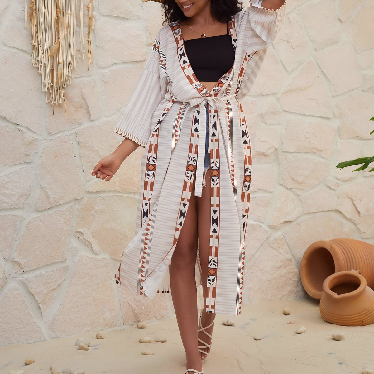 Kimono de Plage Vintage Ethnique portée à la main - Beige