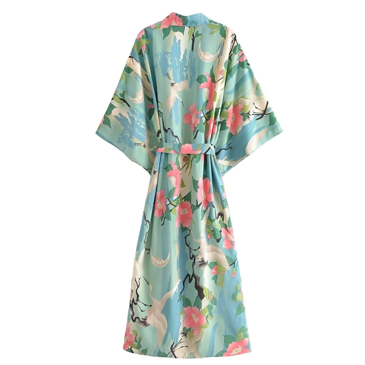 Kimono de Plage Manches Larges Effet Floral vue arrière - Vert