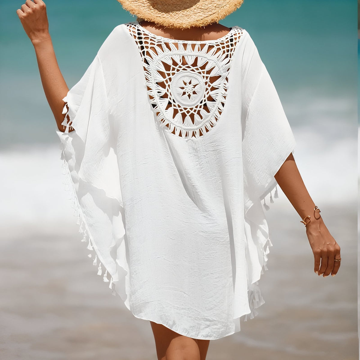 Robe de Plage Motif Attrape Rêve portée à la main - Rose - Bleu - Noir - Beige - Blanc