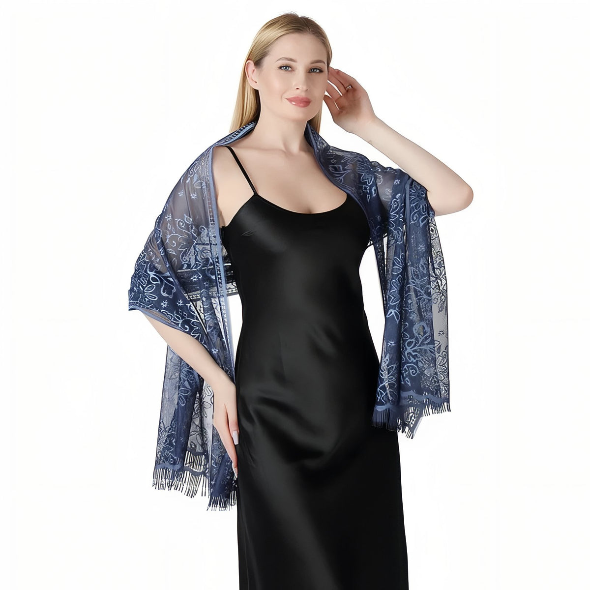 Etole de Soirée Femme portée sur une robe - Doré - Lavande - Rose - Ivoire - Rose Poudré - Beige Doré - Vert Sauge - Blanc - Noir - Taupe - Beige et Doré - Bleu Marine - Violet Foncé