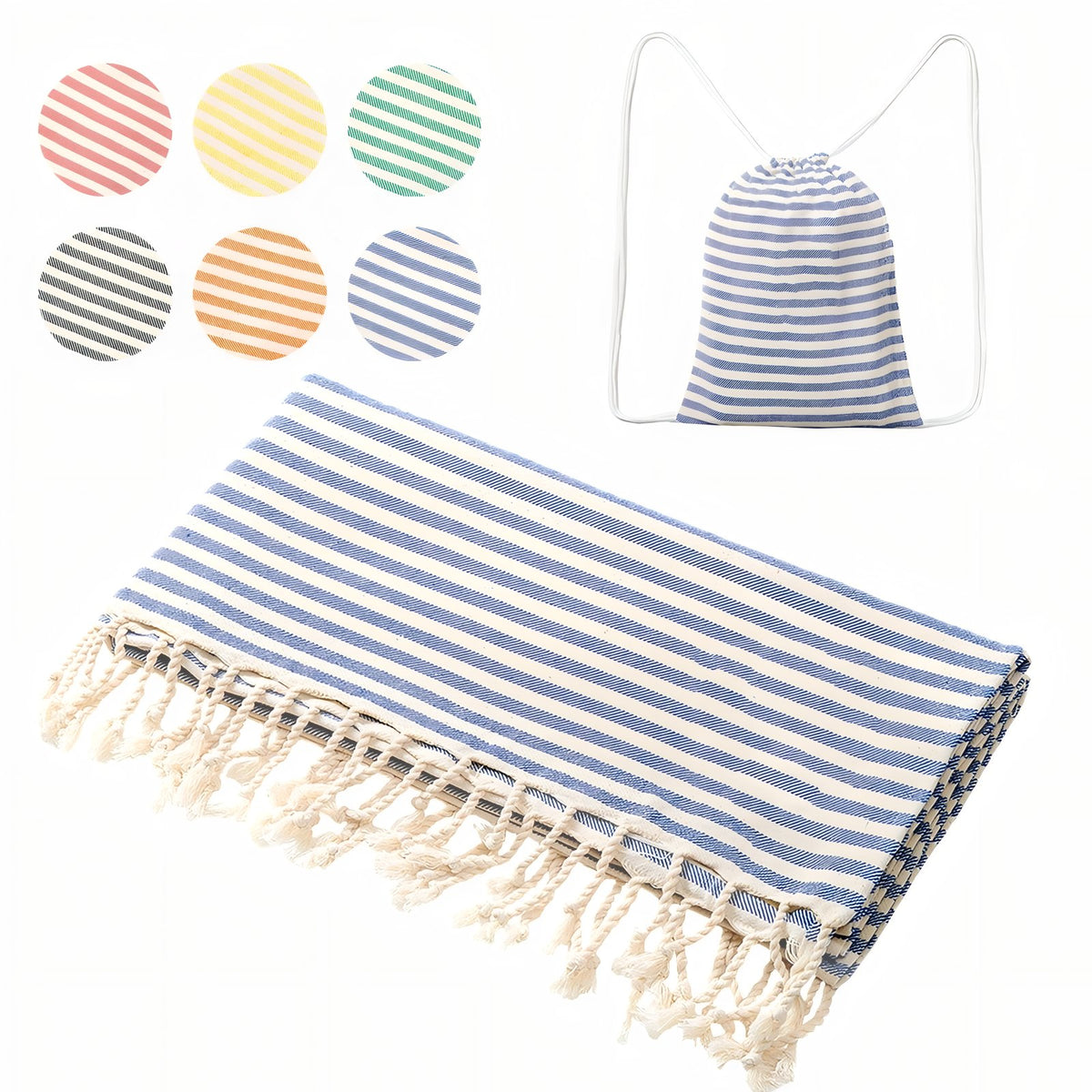 Fouta et Sac de Plage gros plan sur serviette - Bleu Marine - Bleu Marine (+sac) - Jaune - Jaune (+sac) - Noir - Noir (+sac) - Rouge - Rouge (+sac) - Orange - Orange (+sac) - Vert - Vert (+sac)