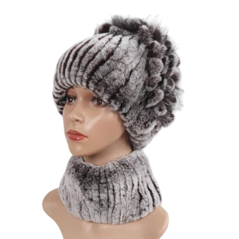 Bonnet Et Echarpe Fourrure Gris et Noir Rayé 