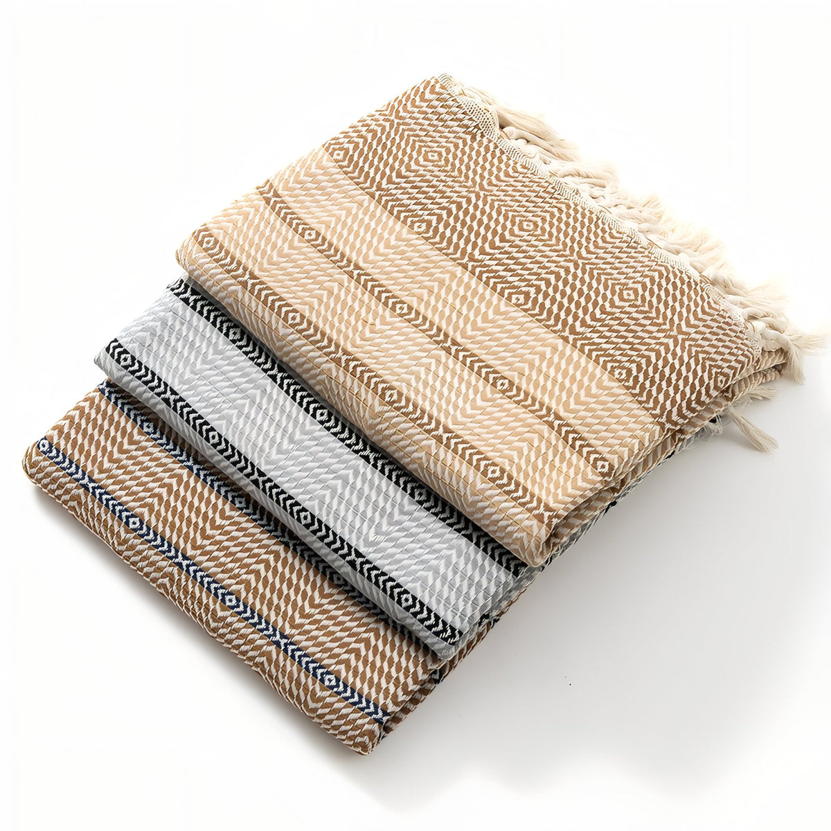 Fouta de Plage Nid d'Abeille trois articles empilés - Marron - Gris - Bleu Marine
