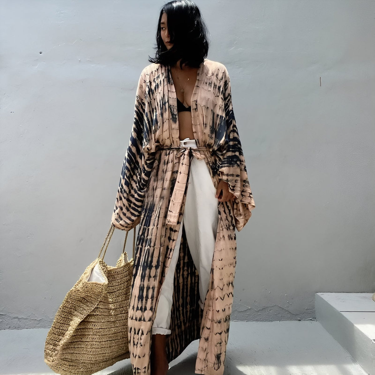 Kimono de Plage Tie and Dye Manches Longues - Beige - Unique
