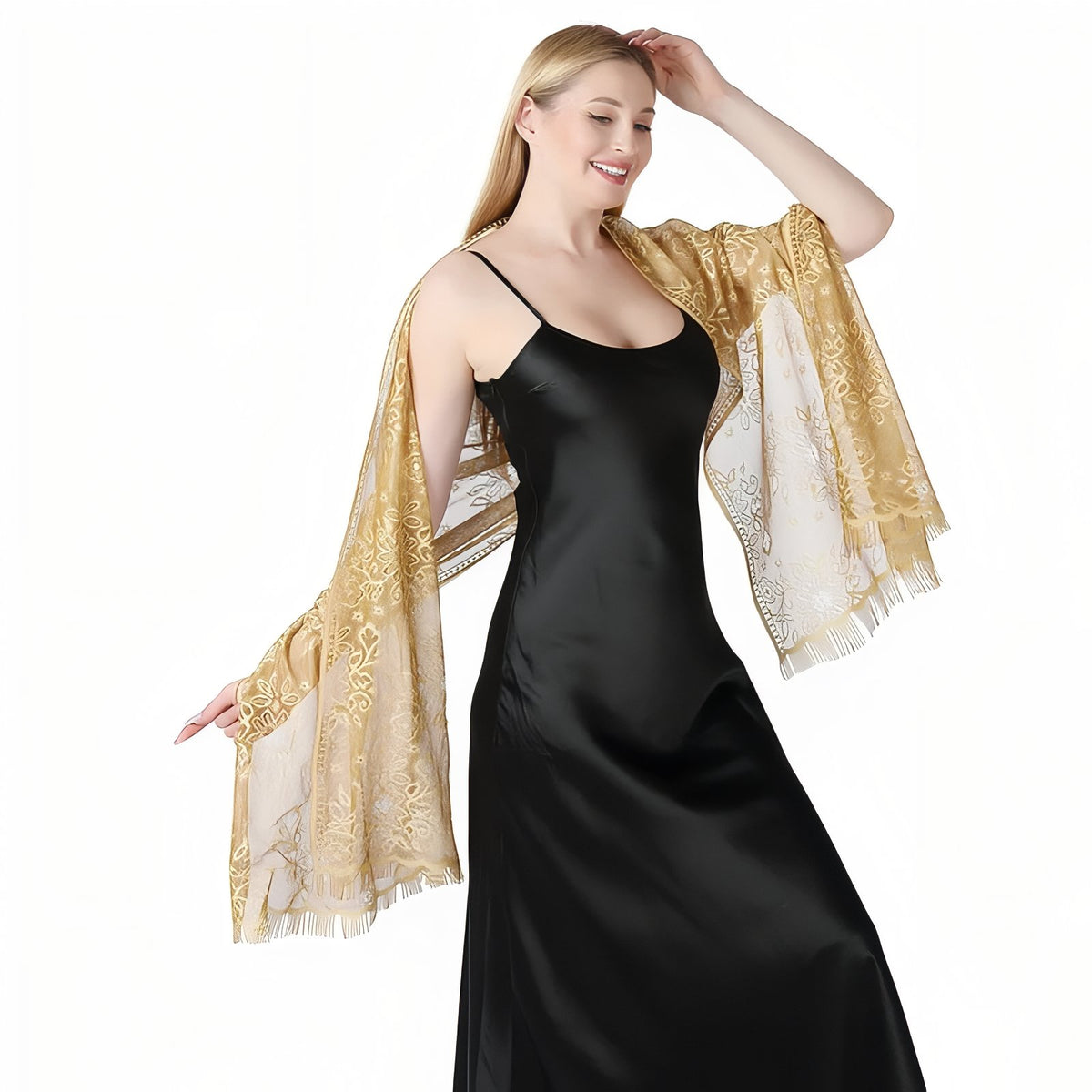 Etole de Soirée Femme portée sur une robe - Doré - Lavande - Rose - Ivoire - Rose Poudré - Beige Doré - Vert Sauge - Blanc - Noir - Taupe - Beige et Doré - Bleu Marine - Violet Foncé