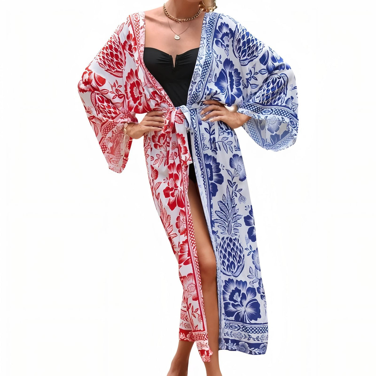 Kimono de Plage Grande Taille Imprimé Eté - Rouge et Bleu - Unique