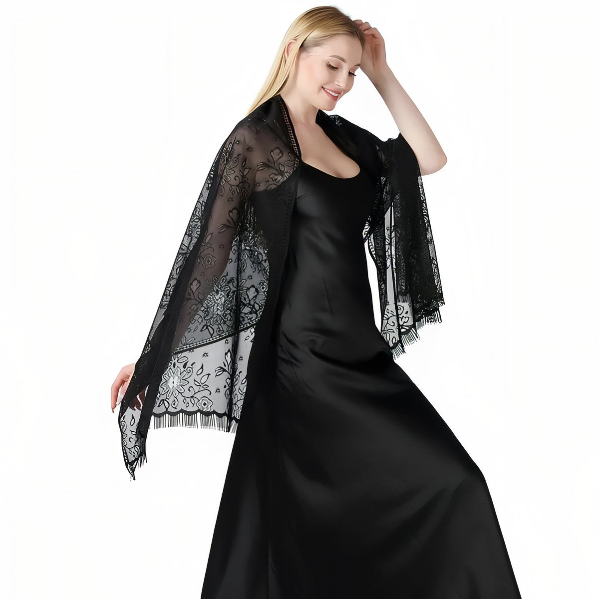Etole de Soirée Femme portée sur une robe - Doré - Lavande - Rose - Ivoire - Rose Poudré - Beige Doré - Vert Sauge - Blanc - Noir - Taupe - Beige et Doré - Bleu Marine - Violet Foncé