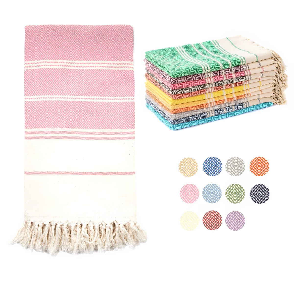 Fouta de Plage Rayures Asymétriques et Franges gros plan franges - Rose - Gris - Vert - Bleu - Jaune