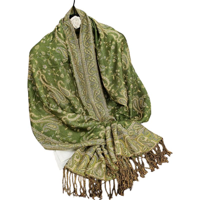 Foulard Motif Ethnique Vert Olive et Doré 70x190cm