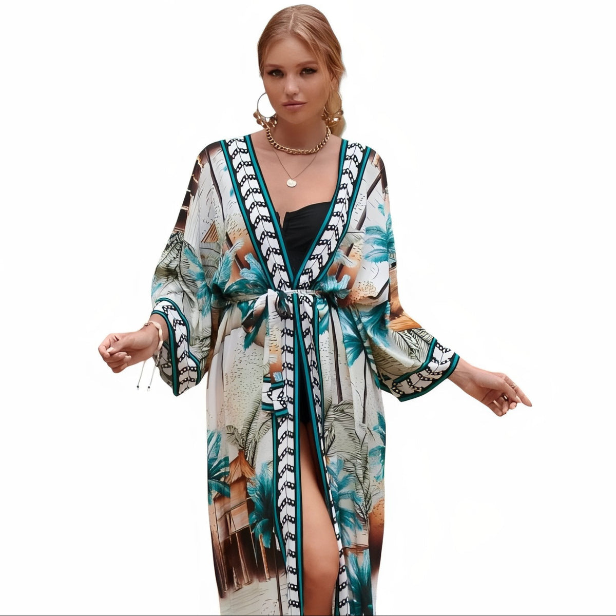 Kimono de Plage Coloré Inspiration Africaine - Vert et Feuilles - Unique