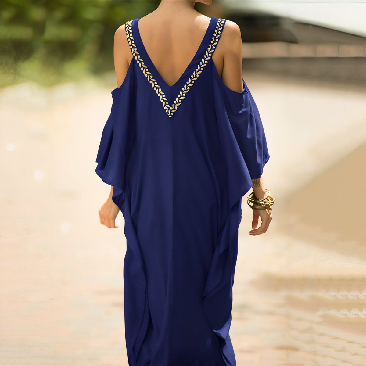 Kaftan de Plage pour Femme Style Oriental portée de dos - Vert Emeraude - Bleu Marine - Rouge Brique - Bleu Ciel - Vert Clair - Noir