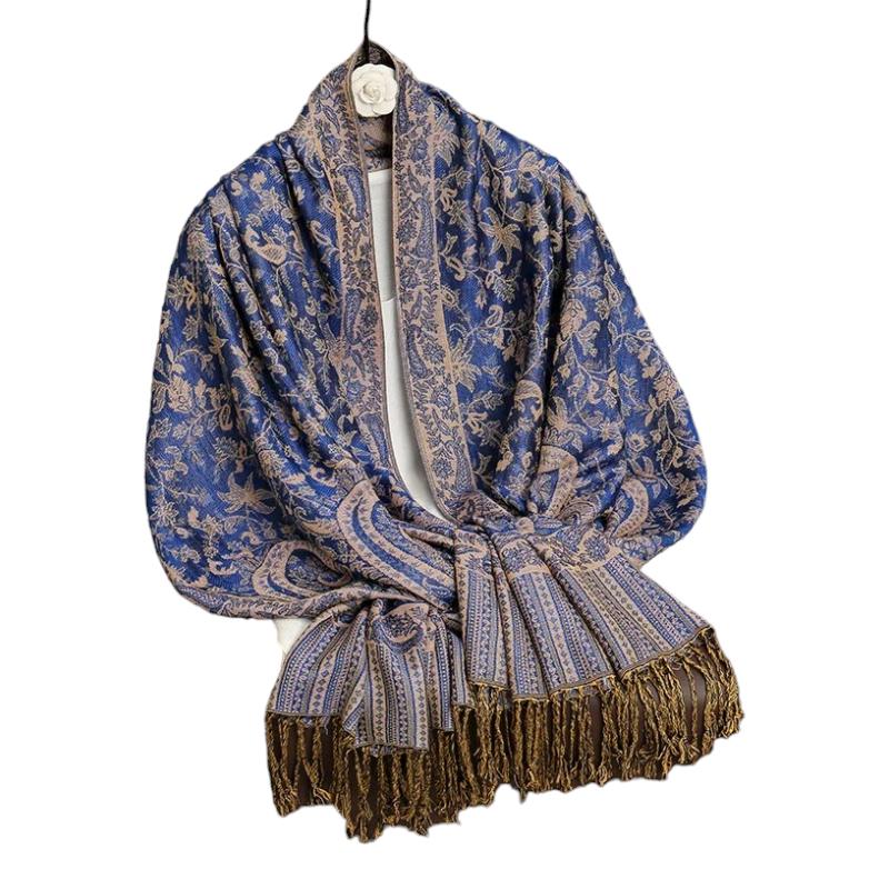 Foulard Indien Femme Bleu Marine et Beige Doré 