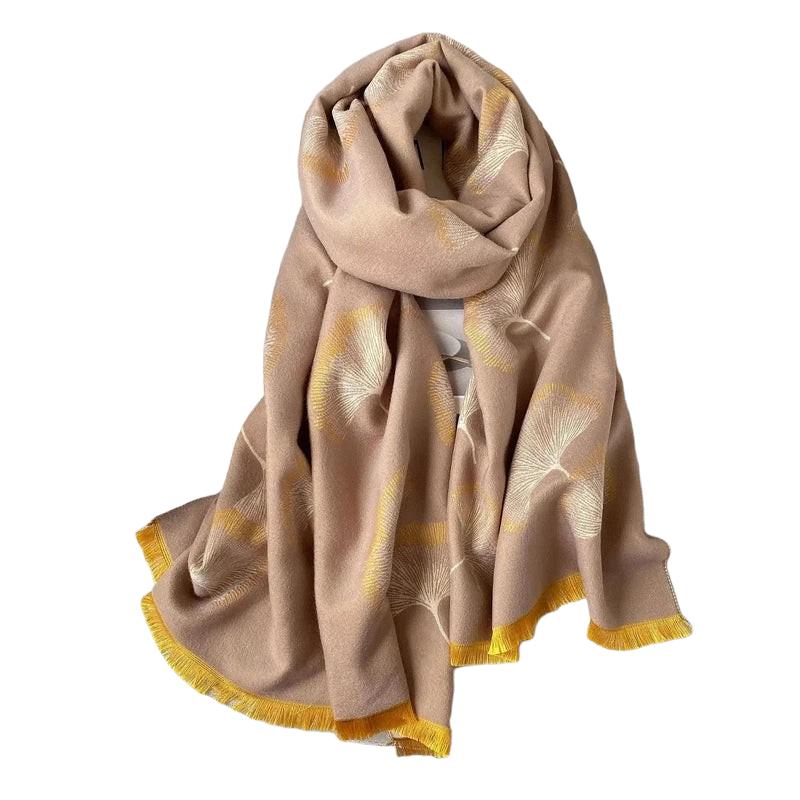 Echarpe Femmes Motif Feuilles Beige et Jaune 
