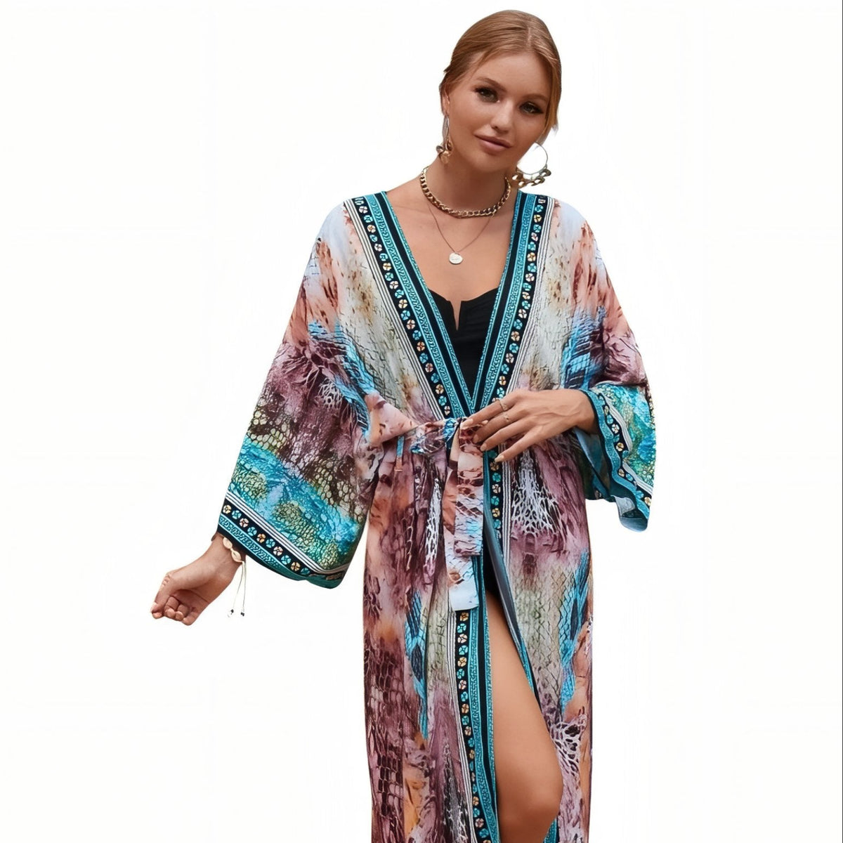 Kimono de Plage Grande Taille Imprimé Eté - Turquoise - Unique