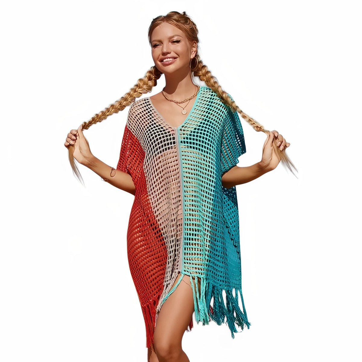 Robe de Plage Courte en Crochet Multicolore - Turquoise et Rouge - Unique