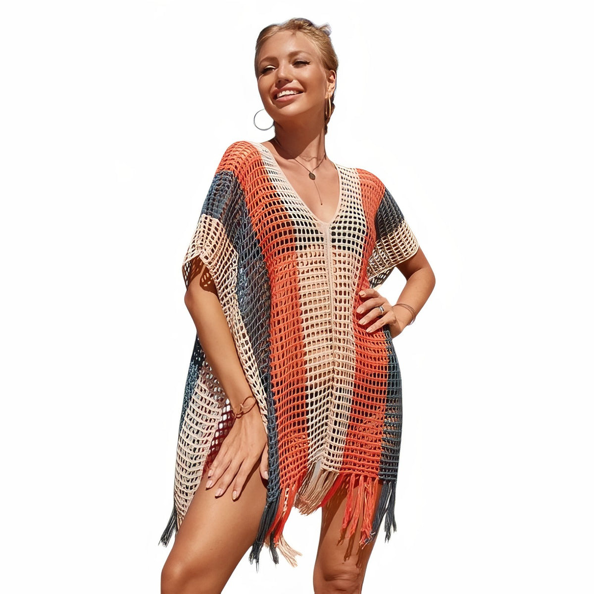 Robe de Plage Courte en Crochet Multicolore - Orange et Blanc - Unique