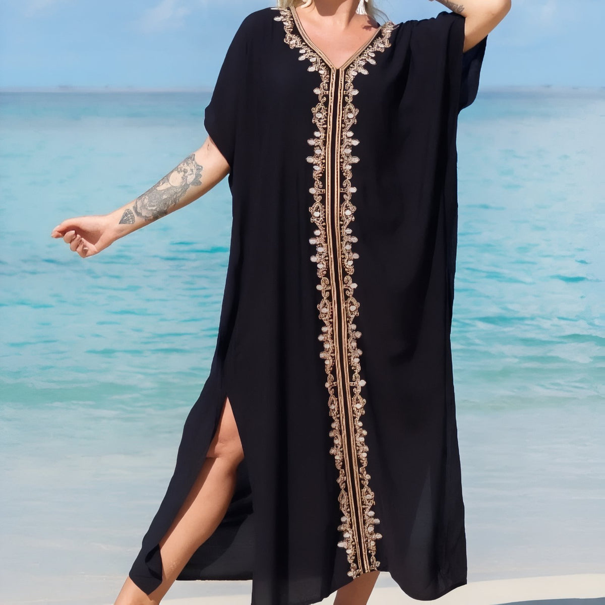 Paréo Caftan pour femme Style Oriental - Noir et Doré 4 - Unique