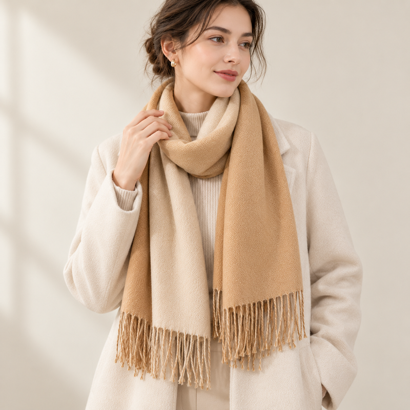 Echarpe Bicolore portée en extérieur - coloris camel
