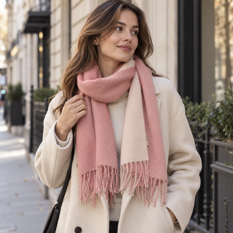 Echarpe Bicolore portée en extérieur - coloris rose