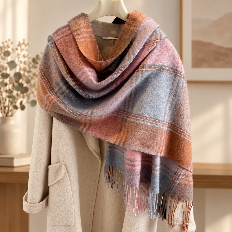 Écharpe plaid écossais orangée et grise présentée sur mannequin