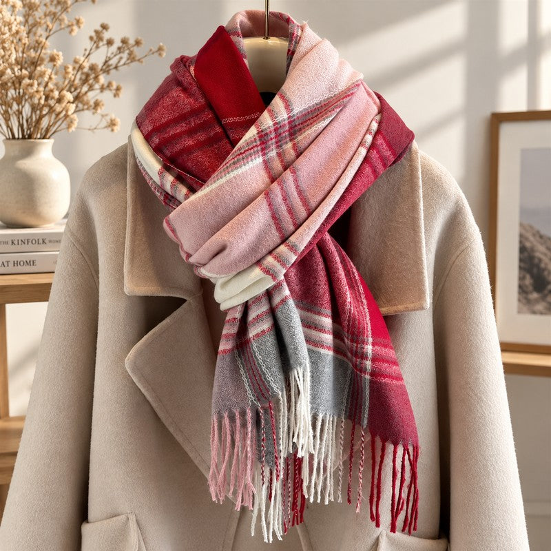 Écharpe plaid écossais rose et fuchsia présentée sur mannequin